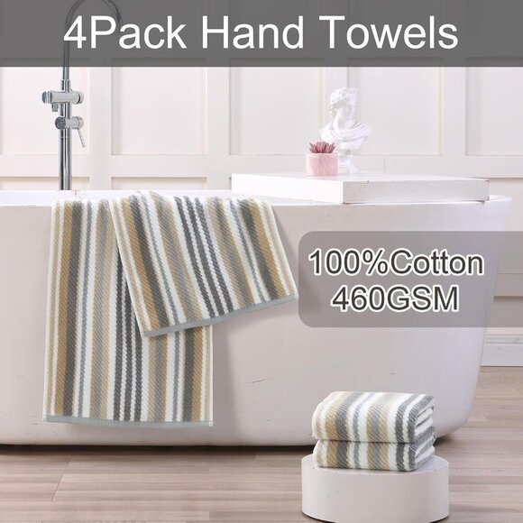 Ultra Absorbent Beige Striped Hand Towels - Set of 4 for Stylish Bathrooms - Picture 2 of 2